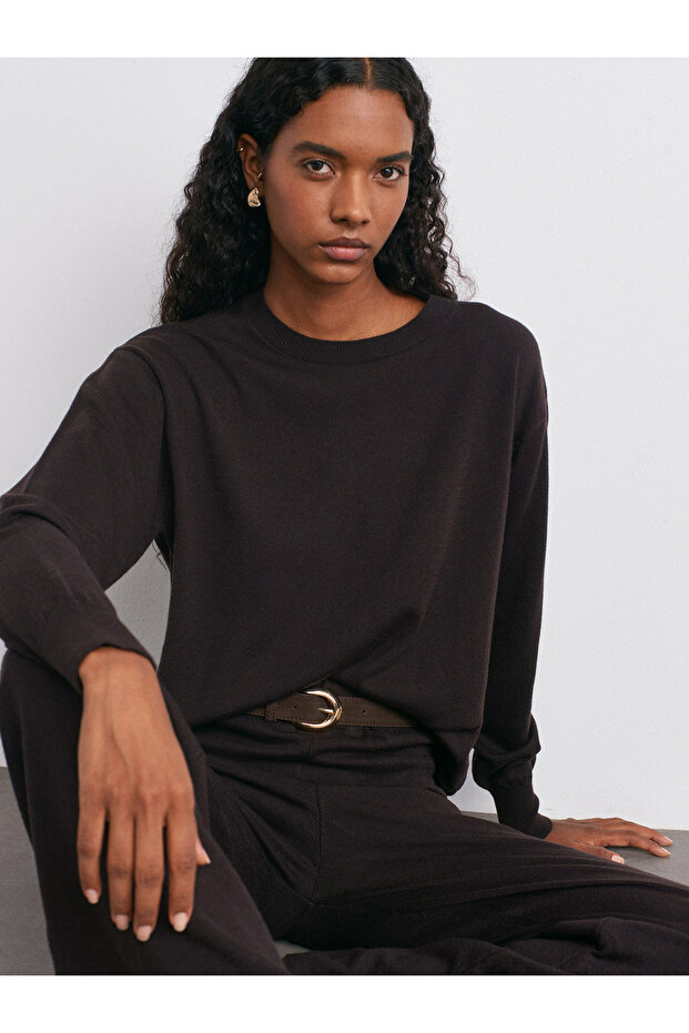 10633 Crew Neck Wool Basic Knitwear Sweater - Dark Brown