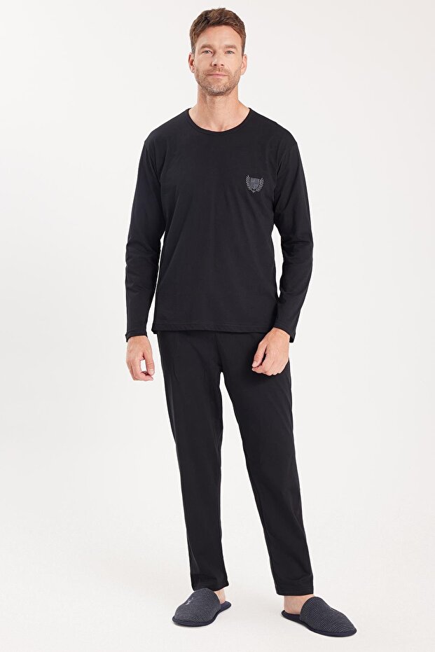 Men's Standard Fit 100% Cotton Crew Neck Elastic Waist Black Pajama Set