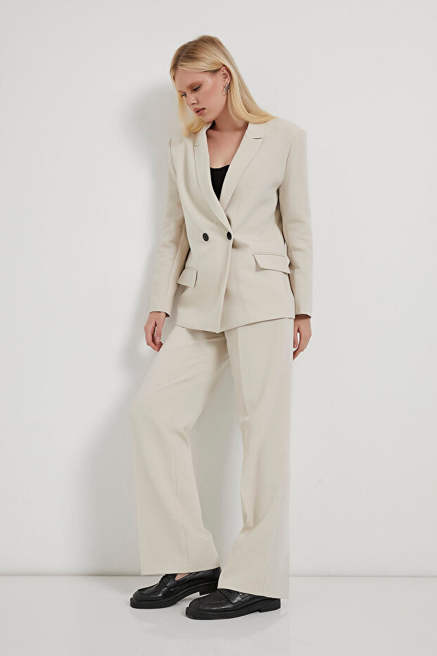 Kadın Çift Düğmeli Premium Basic Krem Blazer Ceket - 3