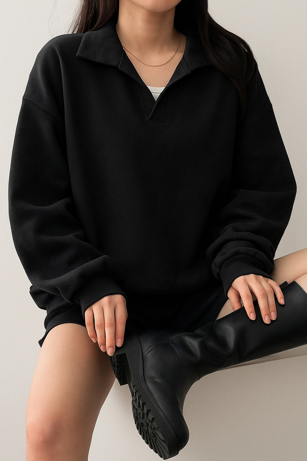 Unisex V-Yaka Yakalı Basic Oversize Swetshirt - 3