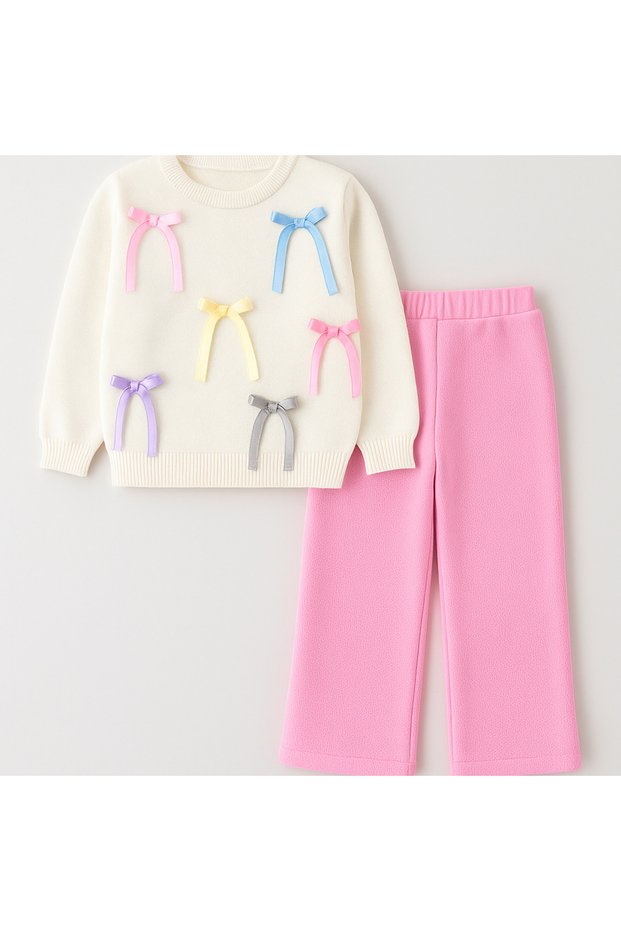 Girl's Appliqued Bow Detailed Knitwear Top and Bottom Set 2-Piece Set