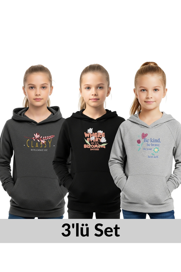 3-Piece Hooded Kangaroo Pocket Printed Detail Girl's Sweatshirt