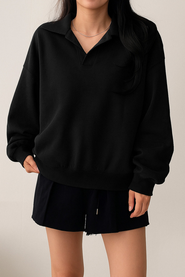 Unisex V-Yaka Yakalı Basic Oversize Swetshirt - 1