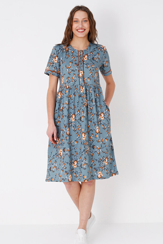 Patterned Piping Pocketed Buttoned Short Sleeve Cotton Dress