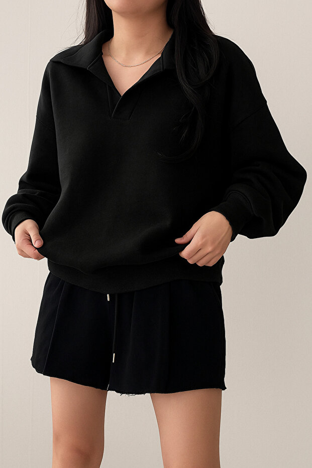 Unisex V-Yaka Yakalı Basic Oversize Swetshirt - 2