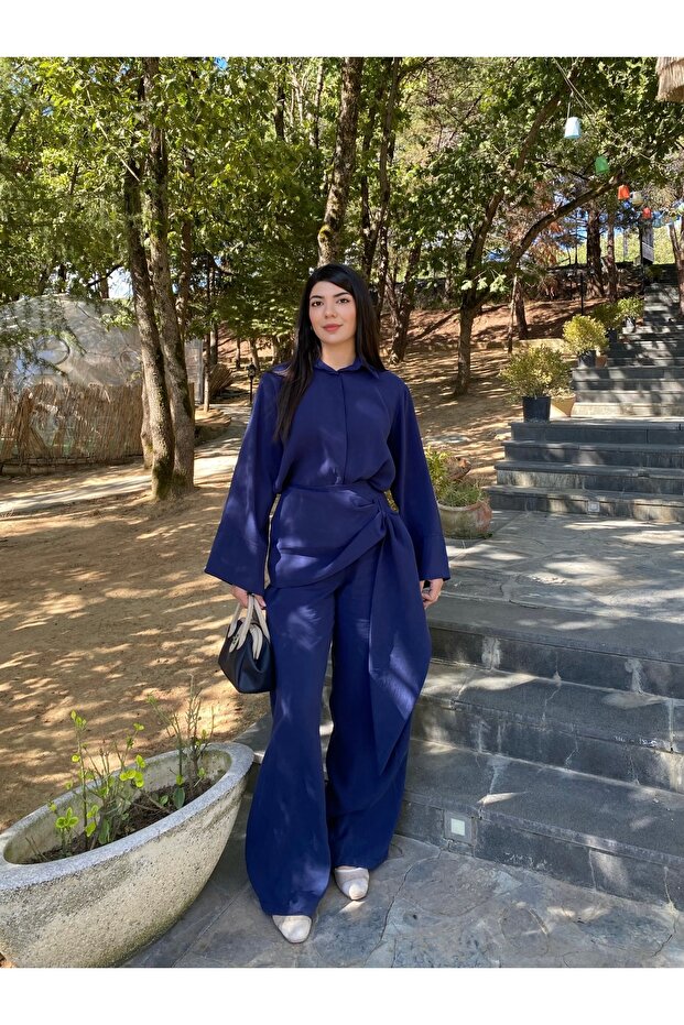 Şal detaylı pantolon gömlek takım - 1