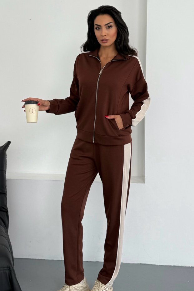 Women's Collared Stripe Detailed Zippered Comfortable Modal Tracksuit Set