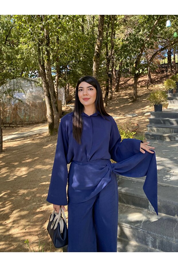 Şal detaylı pantolon gömlek takım - 3