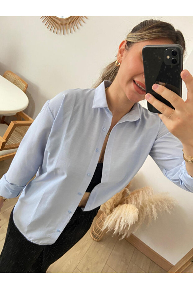 Kadın Oversize Basic Uzun Gömlek - Açık Mavi - 3