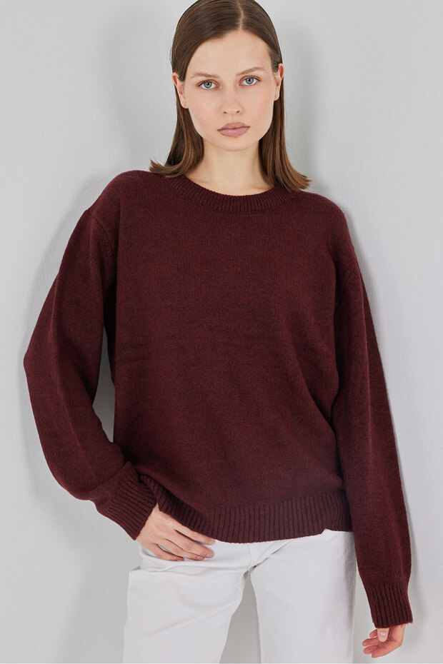 15895 Baklava Desenli Oversize Triko Kazak - D. Bordo - 1