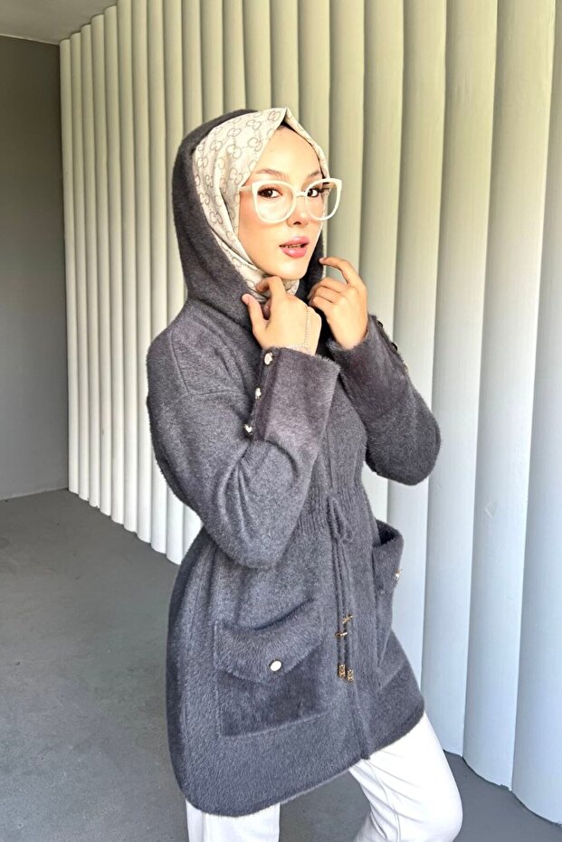 Angora Kapüşonlu Hırka - 1