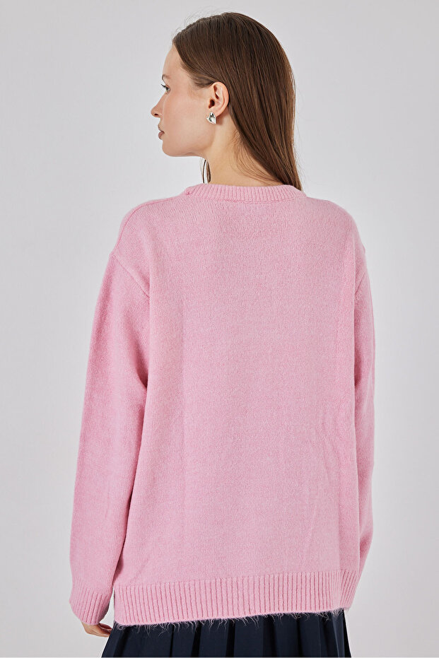 15895 Baklava Desenli Oversize Triko Kazak - A. Pembe - 6