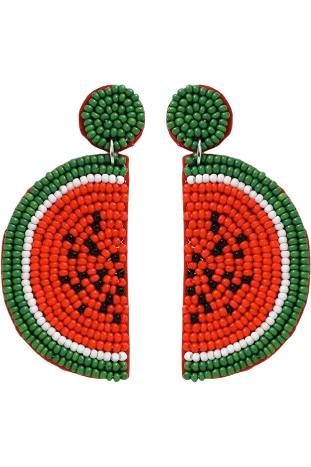 Bohemian Handmade Beaded Watermelon Slice Earrings - Cute Fruit Jewelry for Women, Stainless Steel P