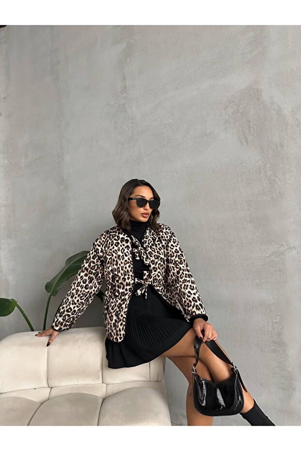 Quilted Front Tie Jacket - Leopard - 2