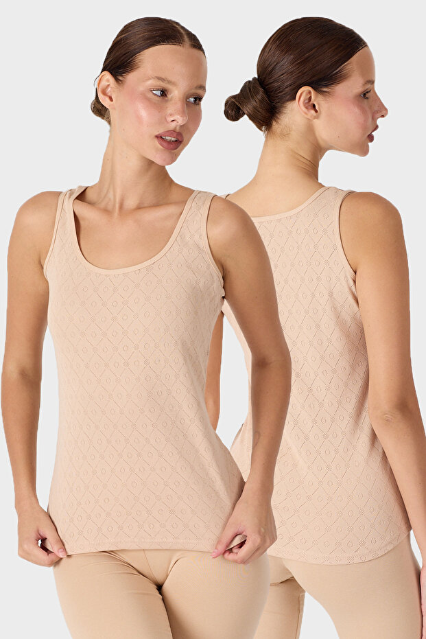 Women's Skin Color 2-Piece Thick Strap 100% Cotton Jacquard Tank Top 2m354