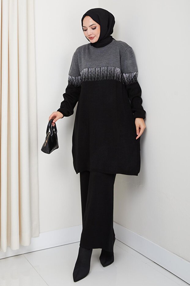 Knitted Glitter Patterned Knitwear Tunic Pants Set