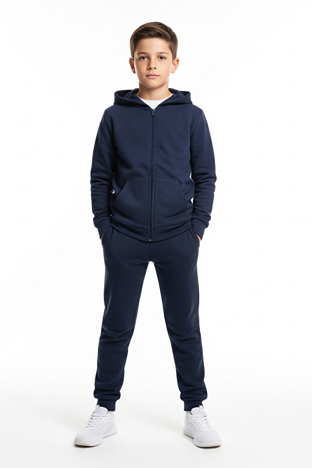 Plain Printless Zipper Hoodie with Kangaroo Pocket Boy's Tracksuit Set