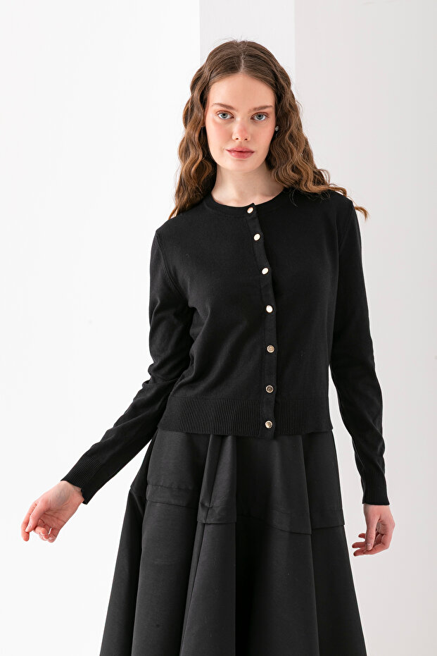 Buttoned Basic Knitwear Cardigan – Long Sleeve Round Neck Stylish Women's Model | Journal and Office Use