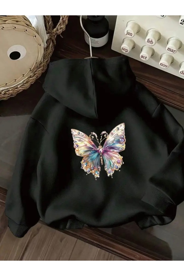 Oversize Unisex Women/Men's Hooded Sweatshirt with Butterfly Print