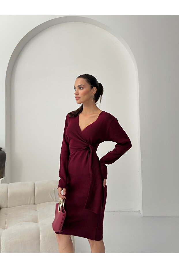 KUŞAK DETAYLI V YAKA REGULAR TRİKO ELBİSE #10312 - 4