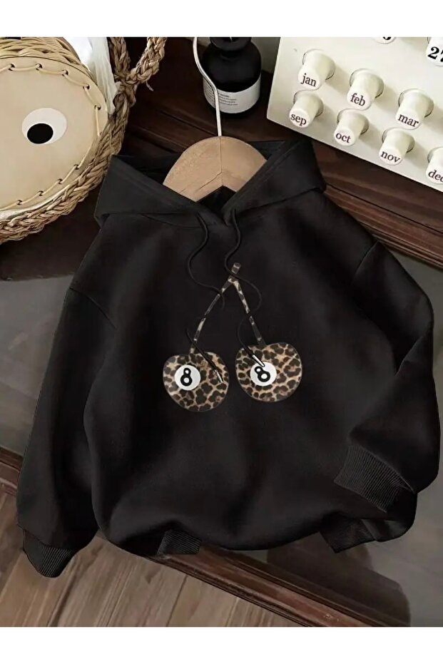 سويت شيرت بقلنسوة كبير الحجم للجنسين من LEOPARD CHERRY 8 مطبوع عليه رسومات الفهد والكرز