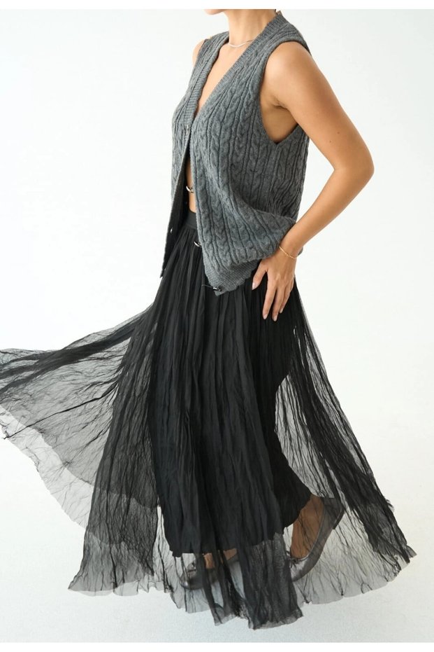Elastic Waist Lined Ankle Length Tulle Skirt Black