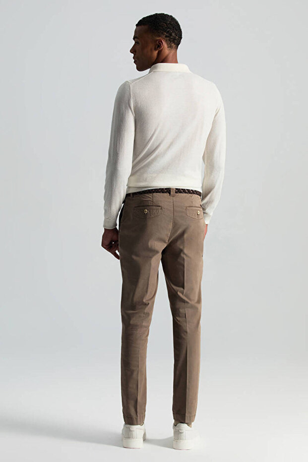 Saf Pamuk Tütün Rengi Regular Fit Chino Pantolon - 3