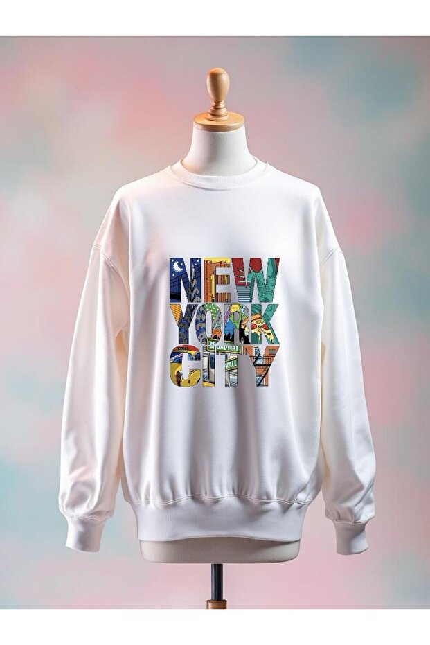 New York City Printed Cotton 3 Thread Oversized White Sweatshirt