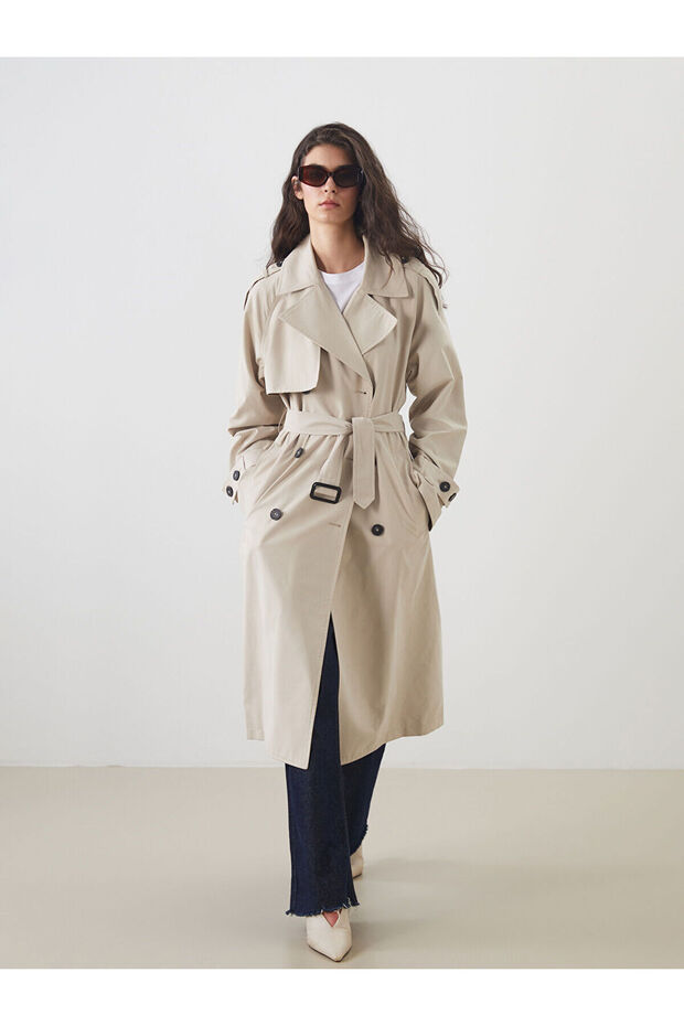 Lcw Modest Beige Double Breasted Collar Oversize Women's Trench Coat