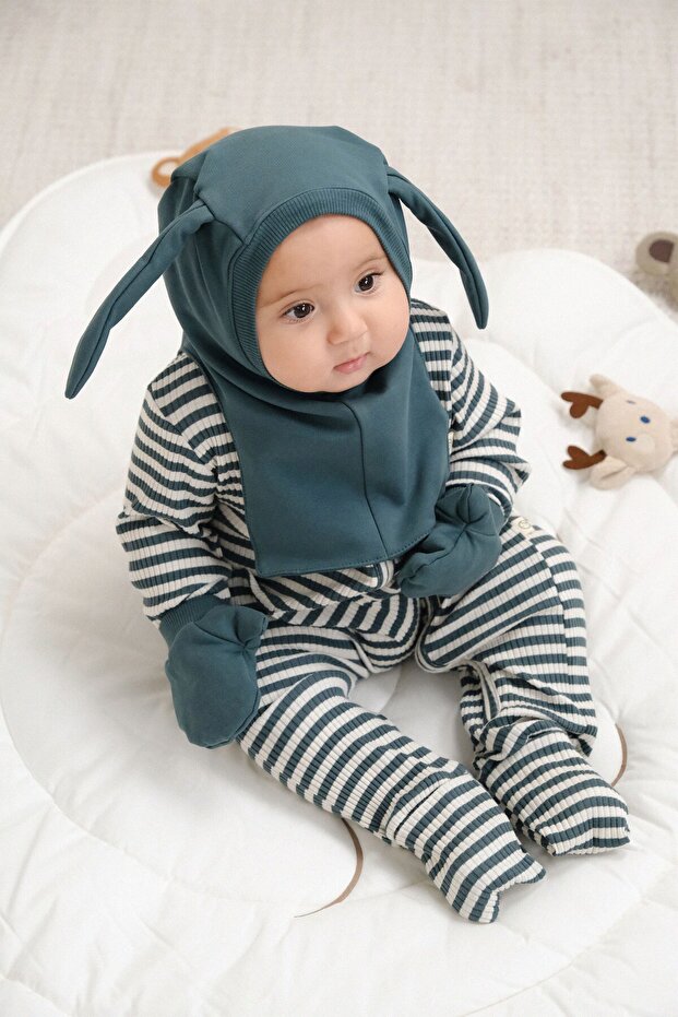 Organic Cotton Double Layer Rabbit Ear Green Balaclava Hat and Gloves Set