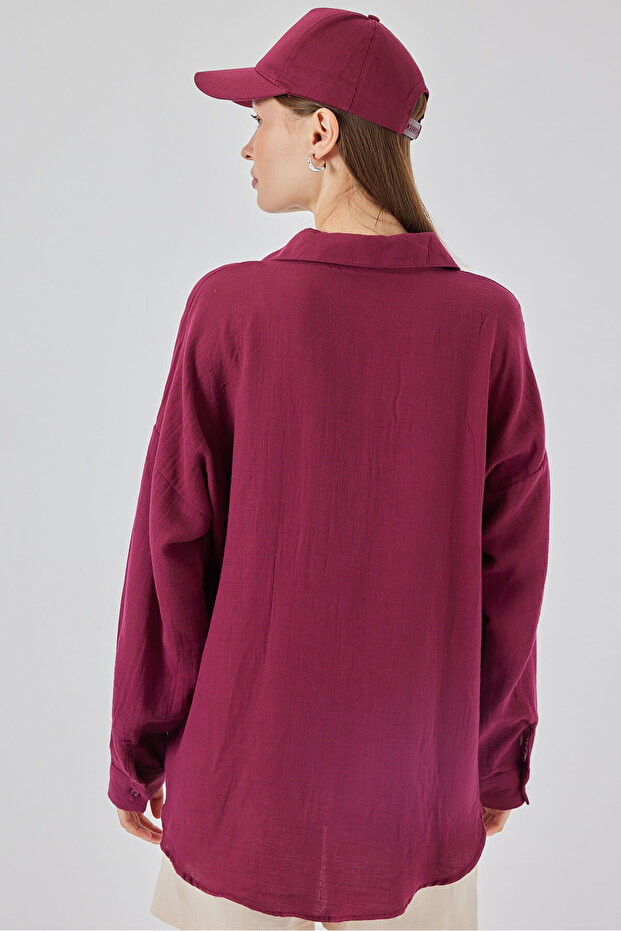 20153 Tek Cepli Oversize Keten Gömlek - Mürdüm - 5
