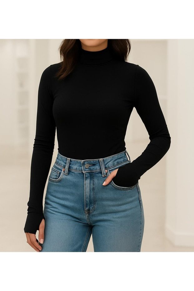 Premium Cotton Woven Long Sleeve Stand Collar Finger-Looped Body Modal T-Shirt - Fitted/Slim Fit