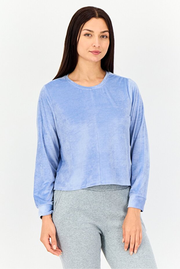 Women Crew Neck Textured Long Sleeve Sleepwear, Light Blue