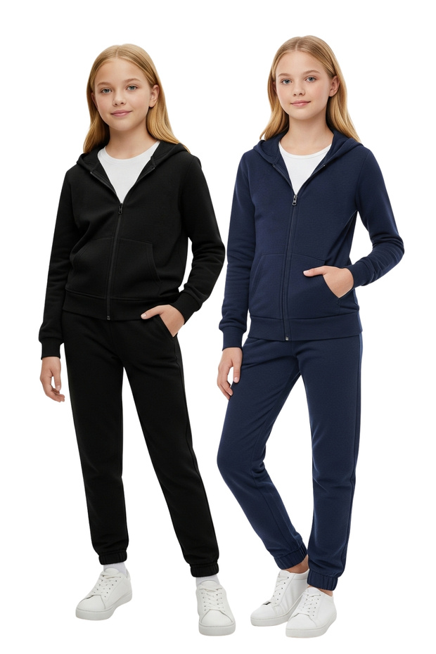 2-Piece Solid Printless Zippered Hoodie Tracksuit Set with Kangaroo Pockets for Girls
