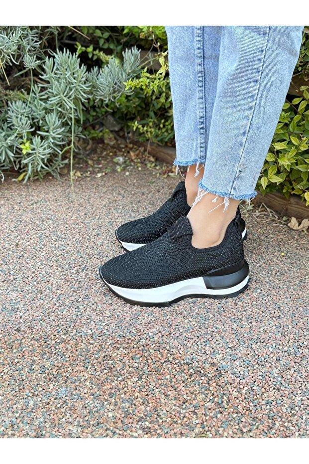 Kadın Desenli Taş Detaylı Yüksek Tabanlı Slip-on Yürüyüş Ayakkabısı - 5