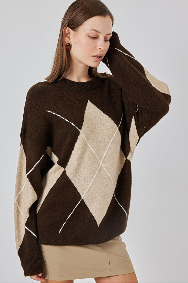 15895 Baklava Desenli Oversize Triko Kazak - A.Kahve - 3