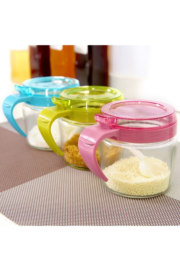 Condiment Container Flippy, Glass, 180 ml, with Handle and Spoon, 8 x 9 cm, Transparent Lid, Pink - 6