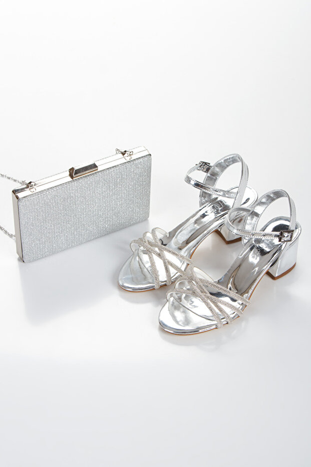 Silver Women's Stone-Embellished Evening Shoes and Bag Set