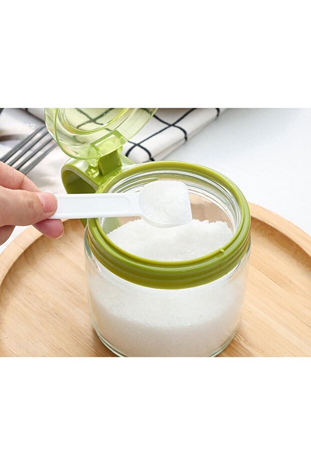 Condiment Container Flippy, Glass, 180 ml, with Handle and Spoon, Transparent Lid, Green - 3