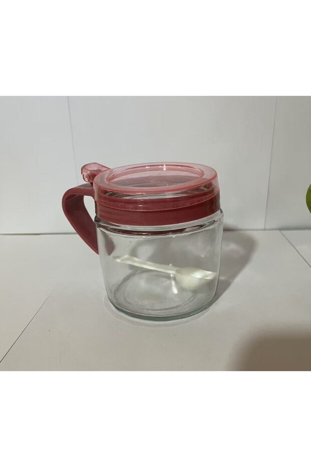Condiment Container Flippy, Glass, 180 ml, with Handle and Spoon, 8 x 9 cm, Transparent Lid, Pink - 5