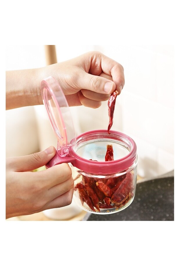 Condiment Container Flippy, Glass, 180 ml, with Handle and Spoon, 8 x 9 cm, Transparent Lid, Pink - 2