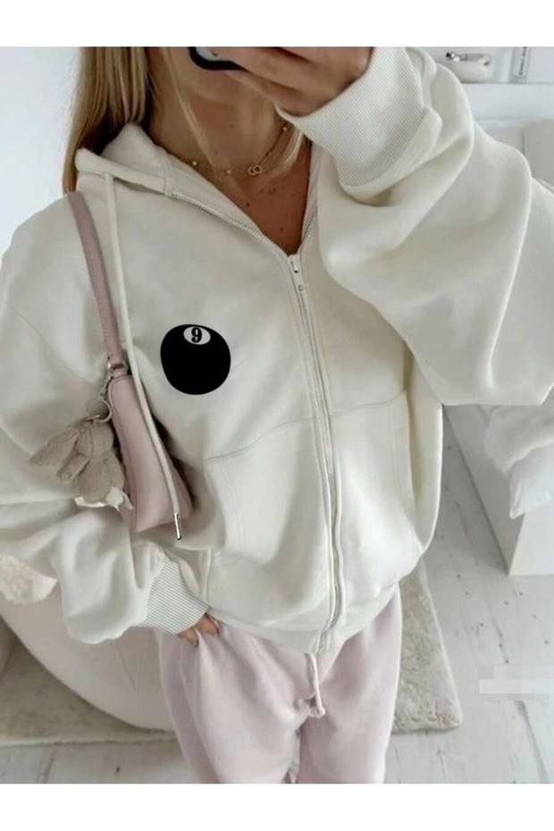 Women's White Billiard Ball8 Printed Oversize Hooded Cardigan Jacket