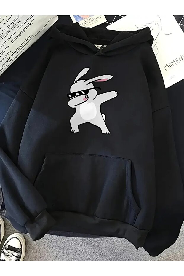 Oversized Unisex Women'S/Men's Hooded Sweatshirt with Glasses Rabbit Print