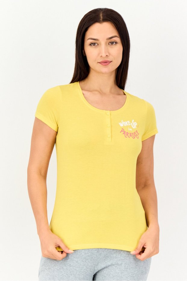 Women Crew Neck Graphic Print Short Sleeve Sleepwear, Mustard
