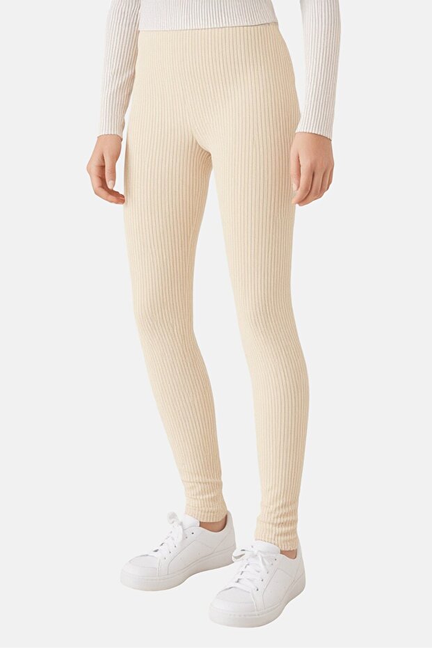 Kids Girl Ribbed Leggings, Beige
