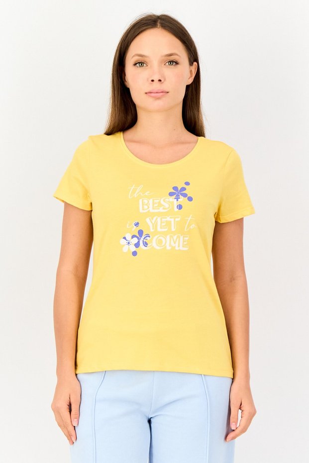 Women Crew Neck Graphic Print Short Sleeve Sleepwear Top, Yellow