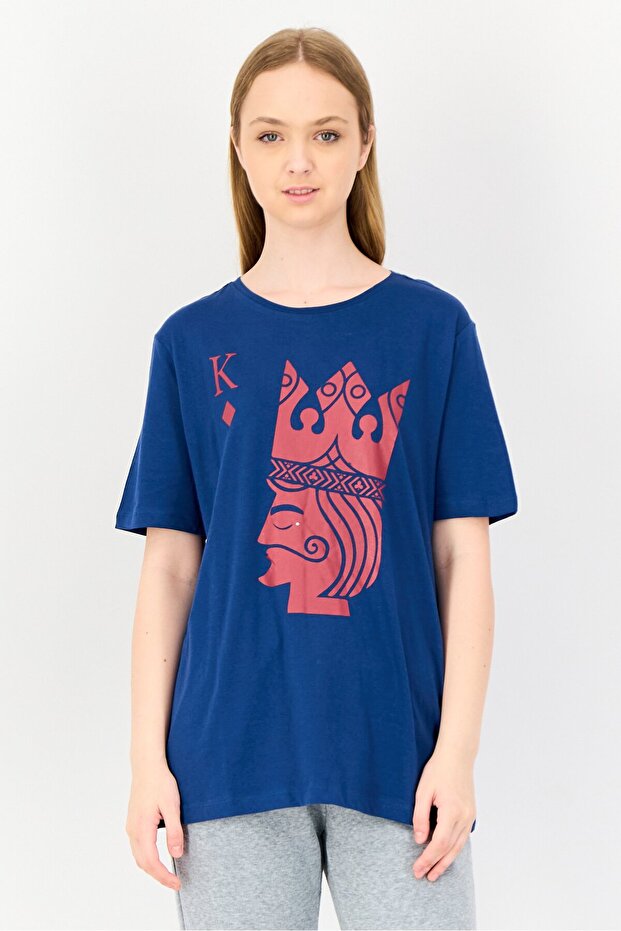 Women Graphic Print Short Sleeve Pyjama Top, Navy Blue