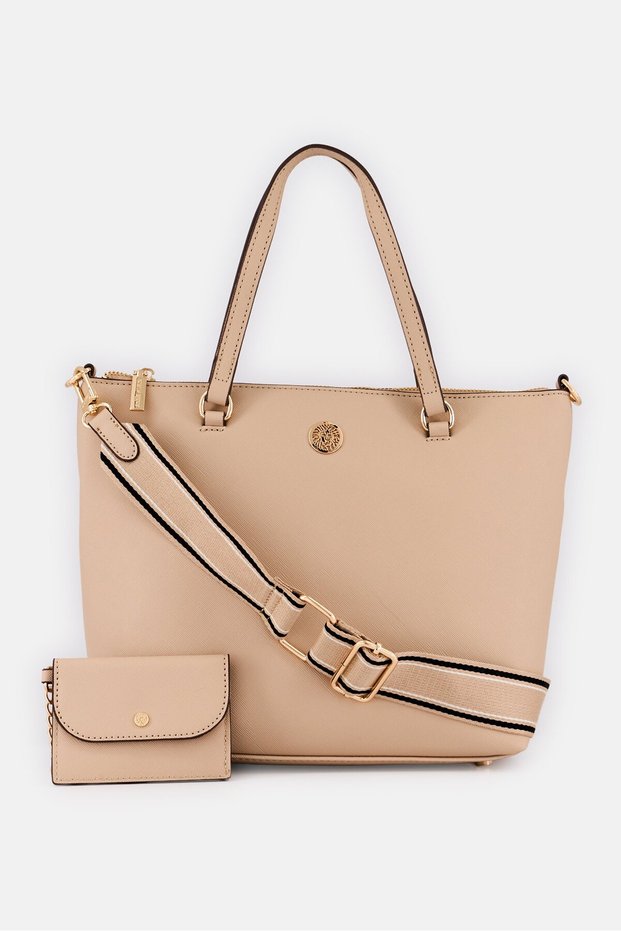 Women Brand Logo Satchel Bag With Card Pouch, Beige