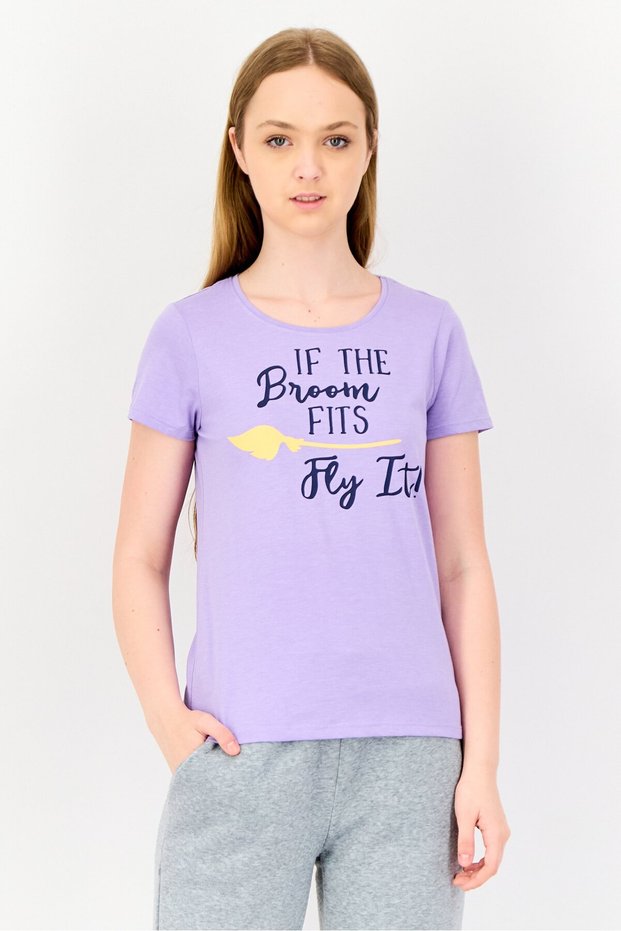 Women Crew Neck Graphic Print Short Sleeve Sleepwear Top, Purple