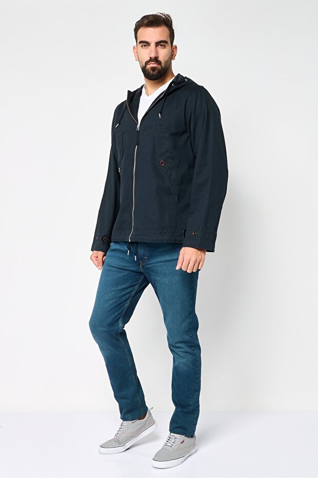 جاكيت جينز رجالي سادة بغطاء رأس ، أزرق داكن - 2